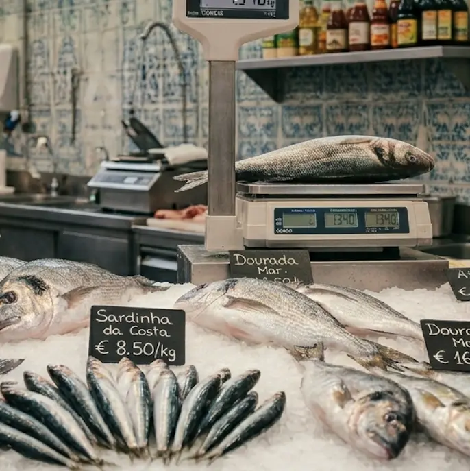 Montra de peixe fresco na Peixaria de Canelas